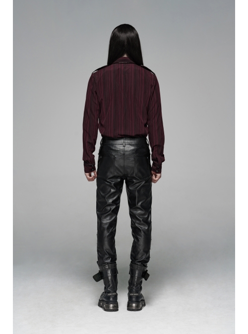 Dark Grain PU Leather Skull Buckle Side Lace-Up Black Punk Pants