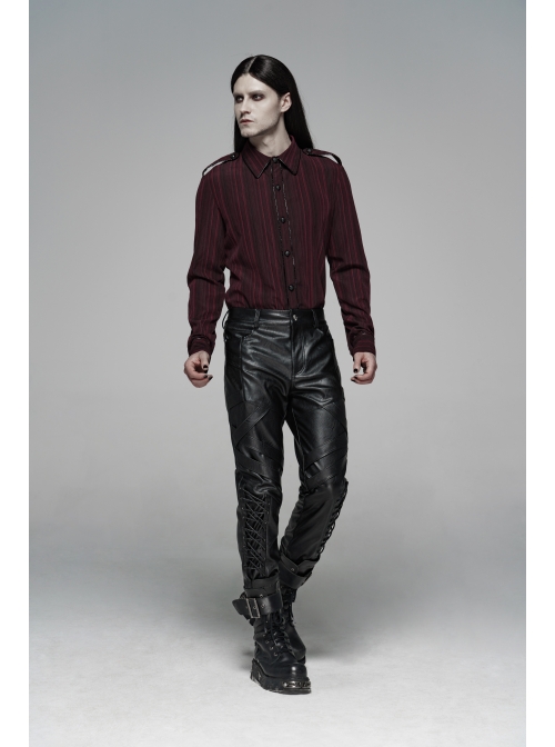 Dark Grain PU Leather Skull Buckle Side Lace-Up Black Punk Pants
