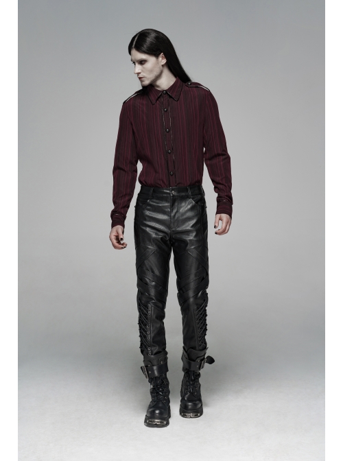 Dark Grain PU Leather Skull Buckle Side Lace-Up Black Punk Pants
