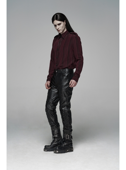 Dark Grain PU Leather Skull Buckle Side Lace-Up Black Punk Pants