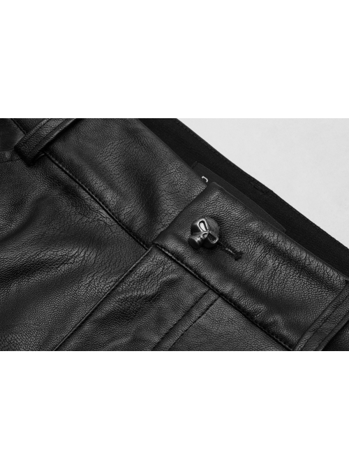 Dark Grain PU Leather Skull Buckle Side Lace-Up Black Punk Pants