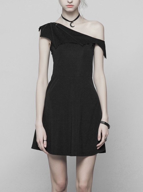 Gothic Female Dark Bat Collar High Waist Dress