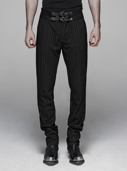 Vertical Knitted Waist Metal Buckle Leather Hasp Black Gothic Trousers