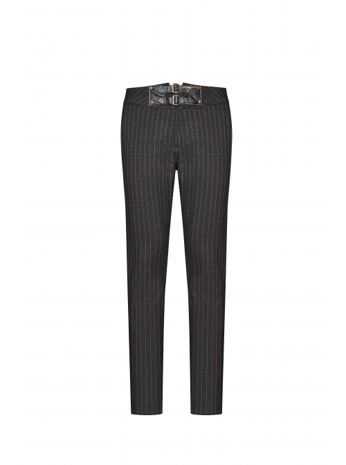 Vertical Knitted Waist Metal Buckle Leather Hasp Black Gothic Trousers