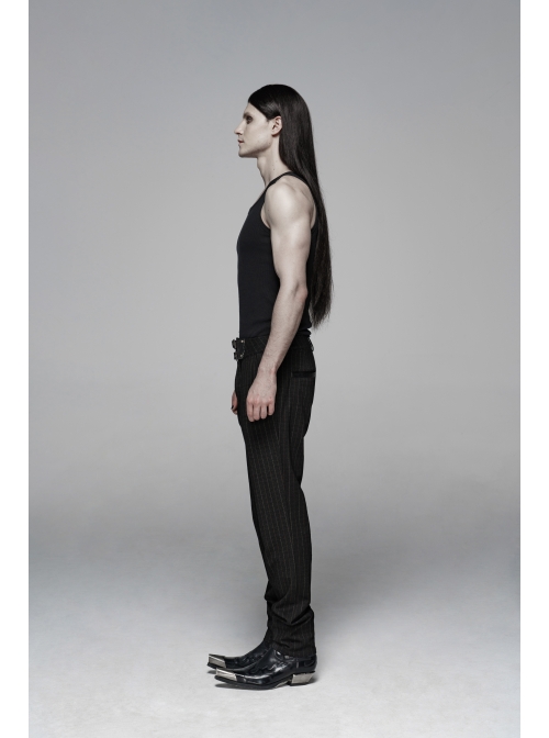 Vertical Knitted Waist Metal Buckle Leather Hasp Black Gothic Trousers