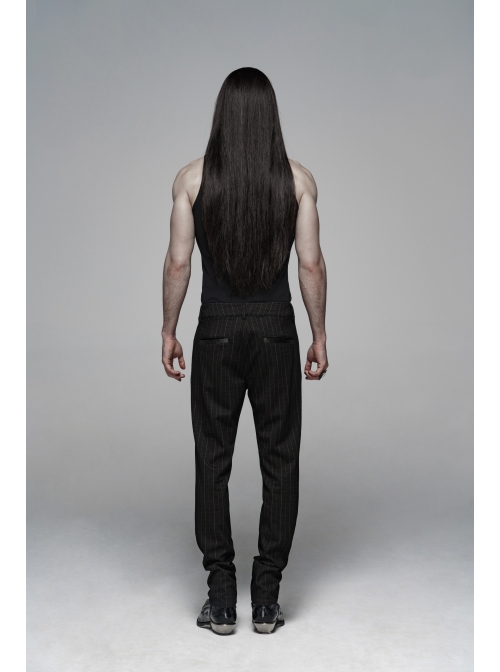 Vertical Knitted Waist Metal Buckle Leather Hasp Black Gothic Trousers
