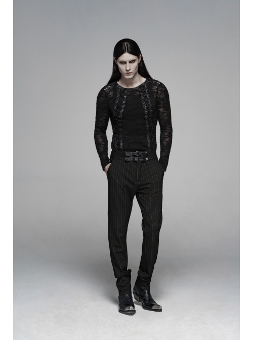 Vertical Knitted Waist Metal Buckle Leather Hasp Black Gothic Trousers