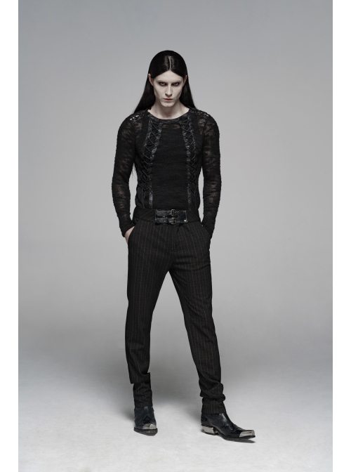 Vertical Knitted Waist Metal Buckle Leather Hasp Black Gothic Trousers