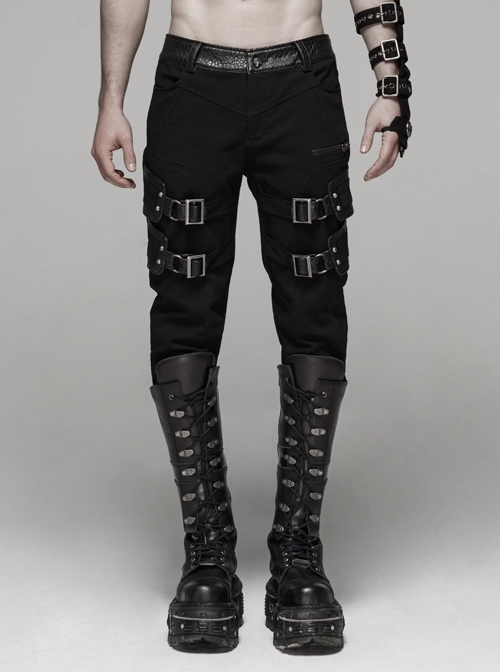 Twill Fabric Coarse Grain Skull Button Metal Buckle Leather Loop Black Punk Trousers