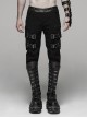 Twill Fabric Coarse Grain Skull Button Metal Buckle Leather Loop Black Punk Trousers