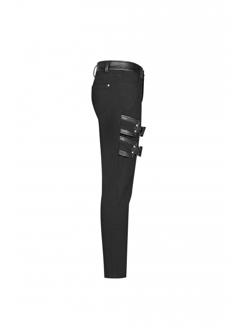 Twill Fabric Coarse Grain Skull Button Metal Buckle Leather Loop Black Punk Trousers