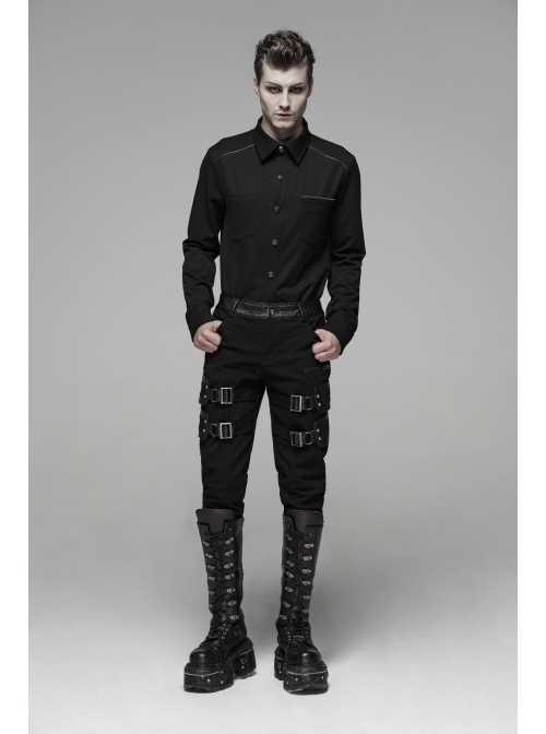Twill Fabric Coarse Grain Skull Button Metal Buckle Leather Loop Black Punk Trousers