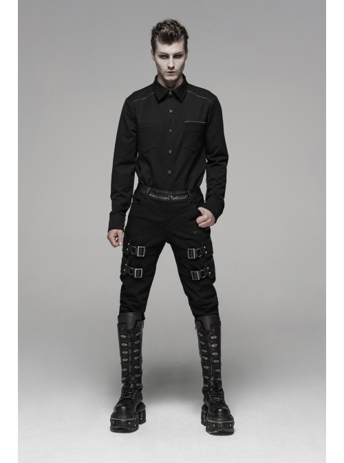Twill Fabric Coarse Grain Skull Button Metal Buckle Leather Loop Black Punk Trousers