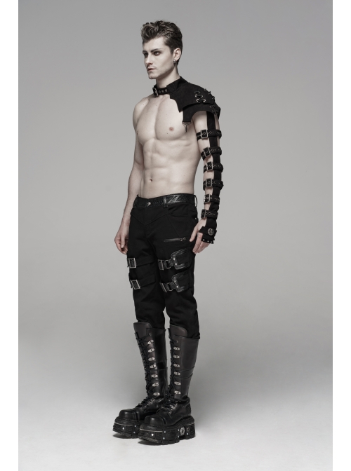 Twill Fabric Coarse Grain Skull Button Metal Buckle Leather Loop Black Punk Trousers