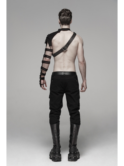 Twill Fabric Coarse Grain Skull Button Metal Buckle Leather Loop Black Punk Trousers