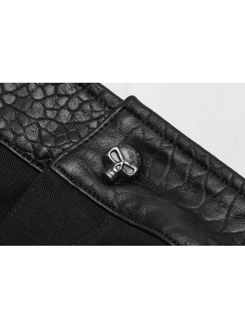 Twill Fabric Coarse Grain Skull Button Metal Buckle Leather Loop Black Punk Trousers