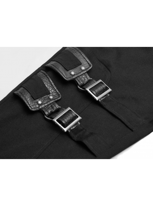 Twill Fabric Coarse Grain Skull Button Metal Buckle Leather Loop Black Punk Trousers