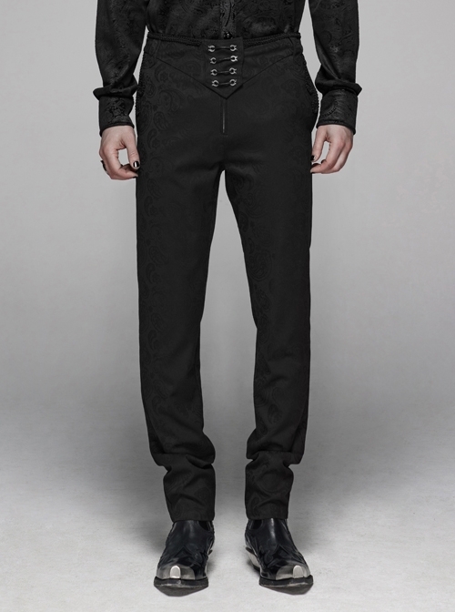 Dark Jacquard Waist Lace-Up Metal Swallow Decoration Side Lace Pattern Black Gothic Suit Trousers