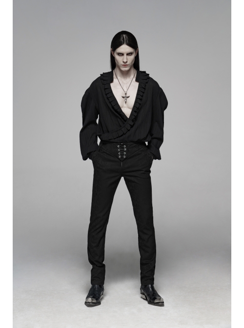 Dark Jacquard Waist Lace-Up Metal Swallow Decoration Side Lace Pattern Black Gothic Suit Trousers