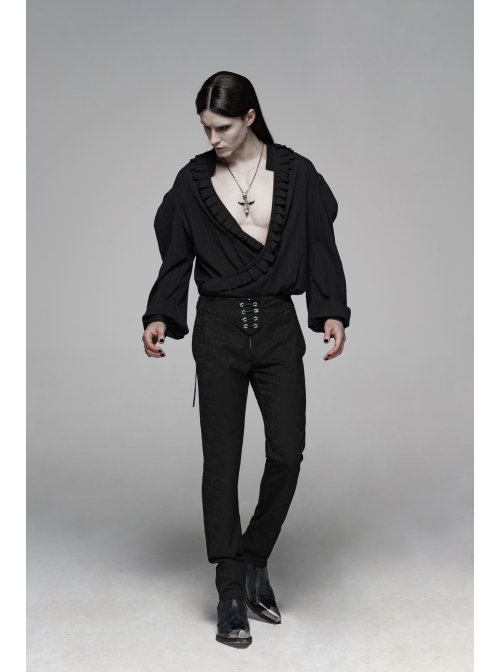 Dark Jacquard Waist Lace-Up Metal Swallow Decoration Side Lace Pattern Black Gothic Suit Trousers
