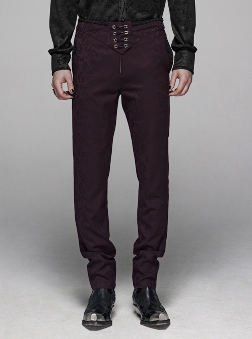 Dark Jacquard Waist Lace-Up Metal Swallow Decoration Side Lace Pattern Wine Red Gothic Suit Trousers