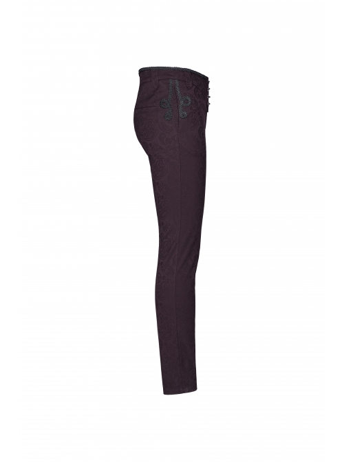 Dark Jacquard Waist Lace-Up Metal Swallow Decoration Side Lace Pattern Wine Red Gothic Suit Trousers