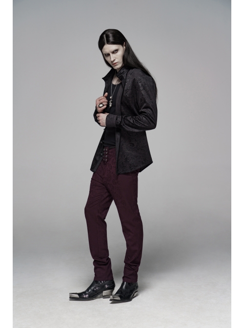 Dark Jacquard Waist Lace-Up Metal Swallow Decoration Side Lace Pattern Wine Red Gothic Suit Trousers
