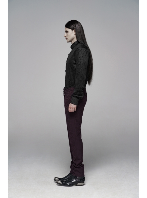 Dark Jacquard Waist Lace-Up Metal Swallow Decoration Side Lace Pattern Wine Red Gothic Suit Trousers