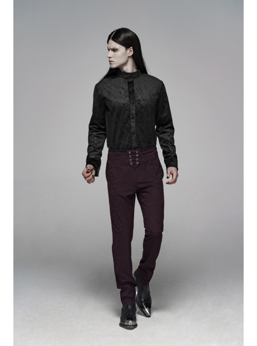 Dark Jacquard Waist Lace-Up Metal Swallow Decoration Side Lace Pattern Wine Red Gothic Suit Trousers