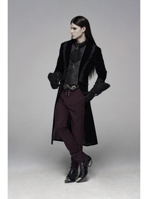Dark Jacquard Waist Lace-Up Metal Swallow Decoration Side Lace Pattern Wine Red Gothic Suit Trousers