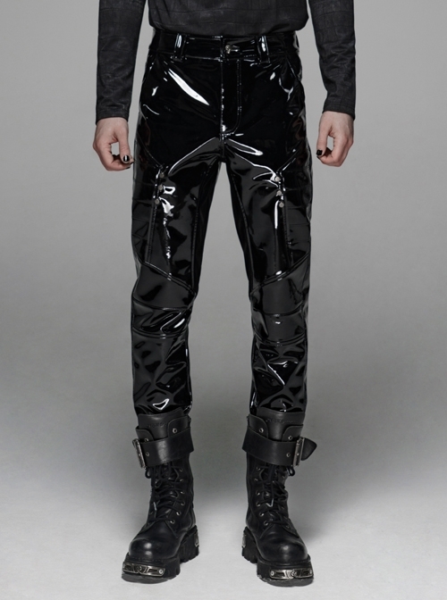 Bright Lacquer Skull Button Metal D-Buckle Black Punk Pants