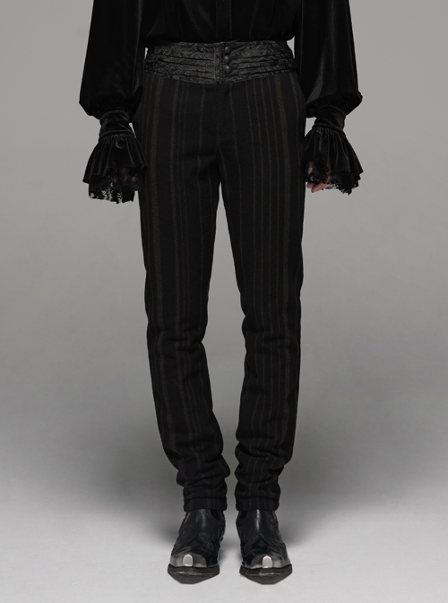 Black  Striped Waist Three-Dimensional Jacquard Lace-Up Hand-Sewing Buttons Black Punk Pants