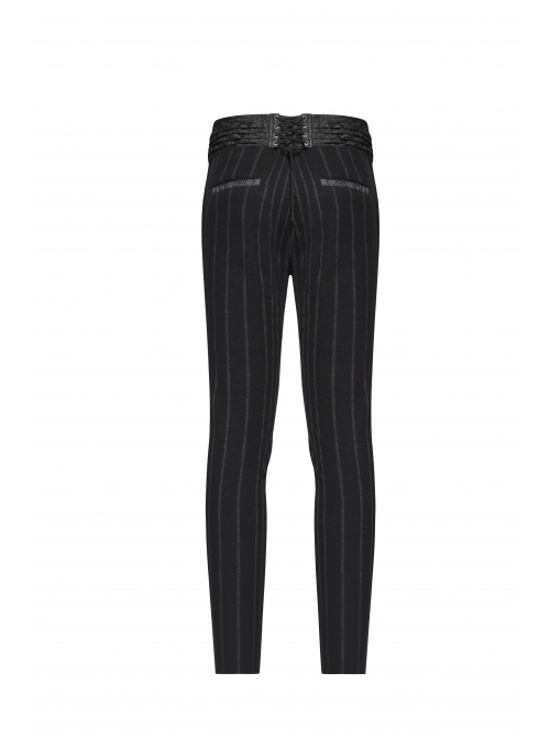 Black  Striped Waist Three-Dimensional Jacquard Lace-Up Hand-Sewing Buttons Black Punk Pants