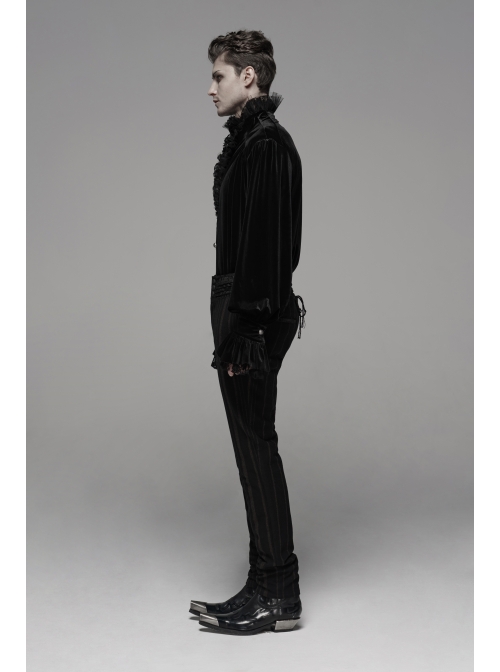 Black  Striped Waist Three-Dimensional Jacquard Lace-Up Hand-Sewing Buttons Black Punk Pants
