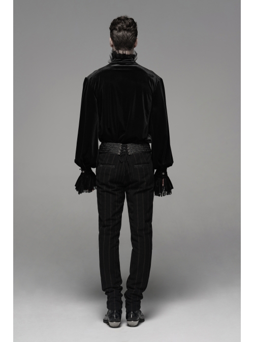 Black  Striped Waist Three-Dimensional Jacquard Lace-Up Hand-Sewing Buttons Black Punk Pants