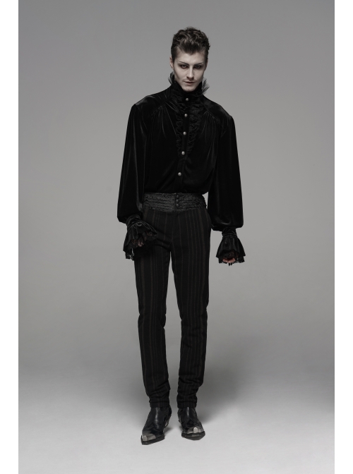 Black  Striped Waist Three-Dimensional Jacquard Lace-Up Hand-Sewing Buttons Black Punk Pants