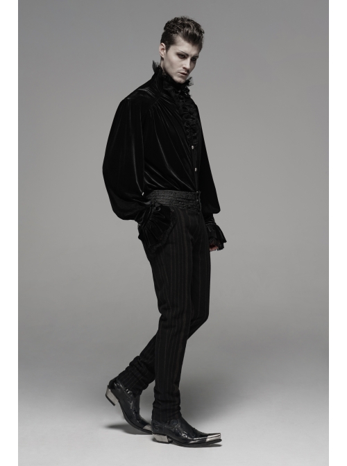 Black  Striped Waist Three-Dimensional Jacquard Lace-Up Hand-Sewing Buttons Black Punk Pants