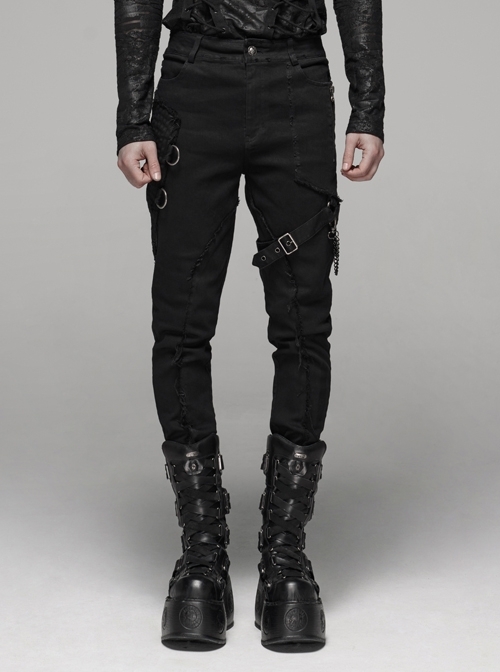 Side Pressure-Fold Line Metal Buckle Hasp Chain Rough Selvedge Black Punk Pants