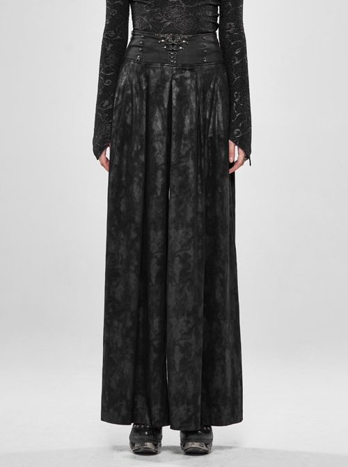 Cracks Waist Hardware Fittings Lace-Up Metal Zipper Black Punk Wide-Leg Pants
