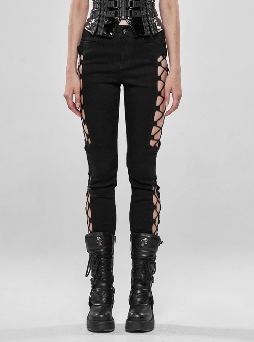 Side Hollow-Out Lace-Up Metal Skull Button Black Punk Tight Pants