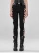 Side Hollow-Out Lace-Up Metal Skull Button Black Punk Tight Pants