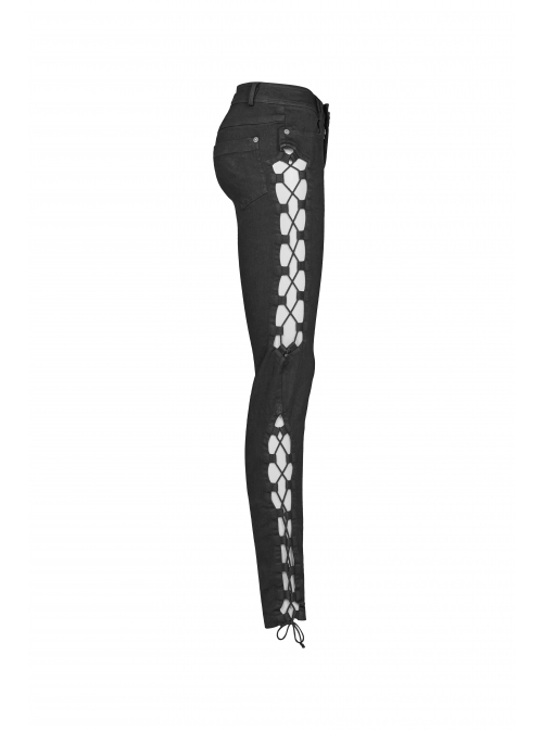 Side Hollow-Out Lace-Up Metal Skull Button Black Punk Tight Pants