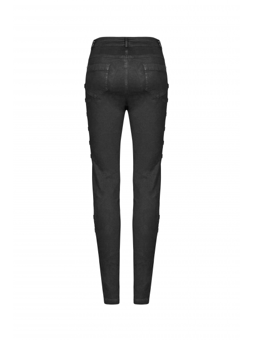 Side Hollow-Out Lace-Up Metal Skull Button Black Punk Tight Pants
