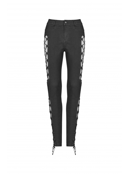 Side Hollow-Out Lace-Up Metal Skull Button Black Punk Tight Pants