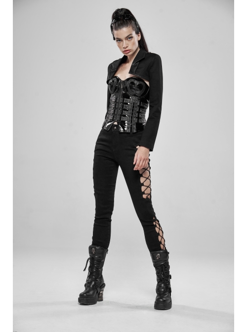 Side Hollow-Out Lace-Up Metal Skull Button Black Punk Tight Pants