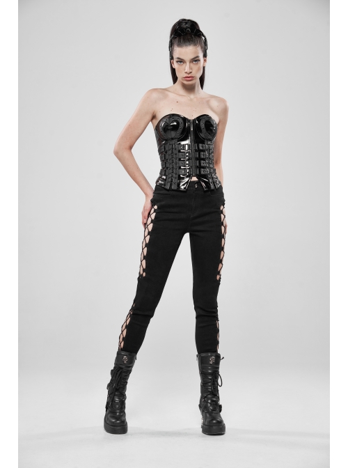 Side Hollow-Out Lace-Up Metal Skull Button Black Punk Tight Pants