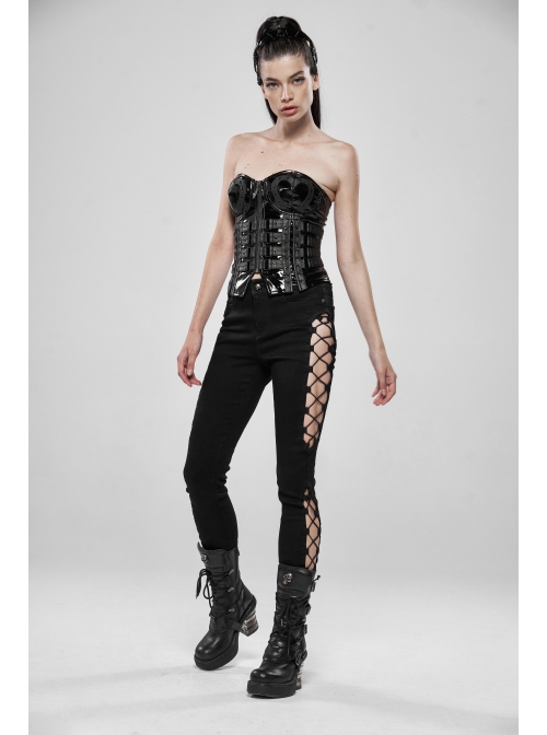 Side Hollow-Out Lace-Up Metal Skull Button Black Punk Tight Pants