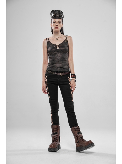 Side Hollow-Out Lace-Up Metal Skull Button Black Punk Tight Pants