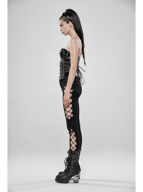 Side Hollow-Out Lace-Up Metal Skull Button Black Punk Tight Pants