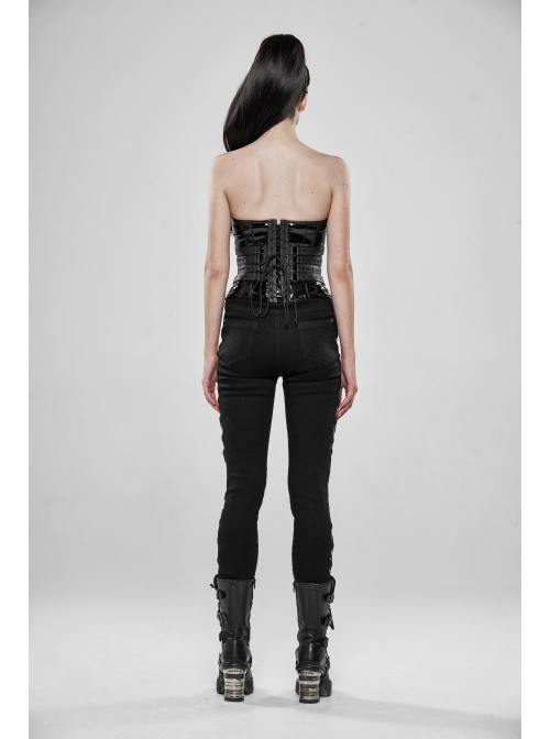 Side Hollow-Out Lace-Up Metal Skull Button Black Punk Tight Pants